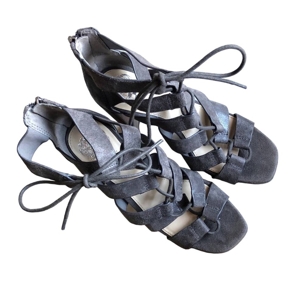 Vince Camuto Magnet Gray Leather Tie Front Stacked Heel Phandras Sandal Shoes